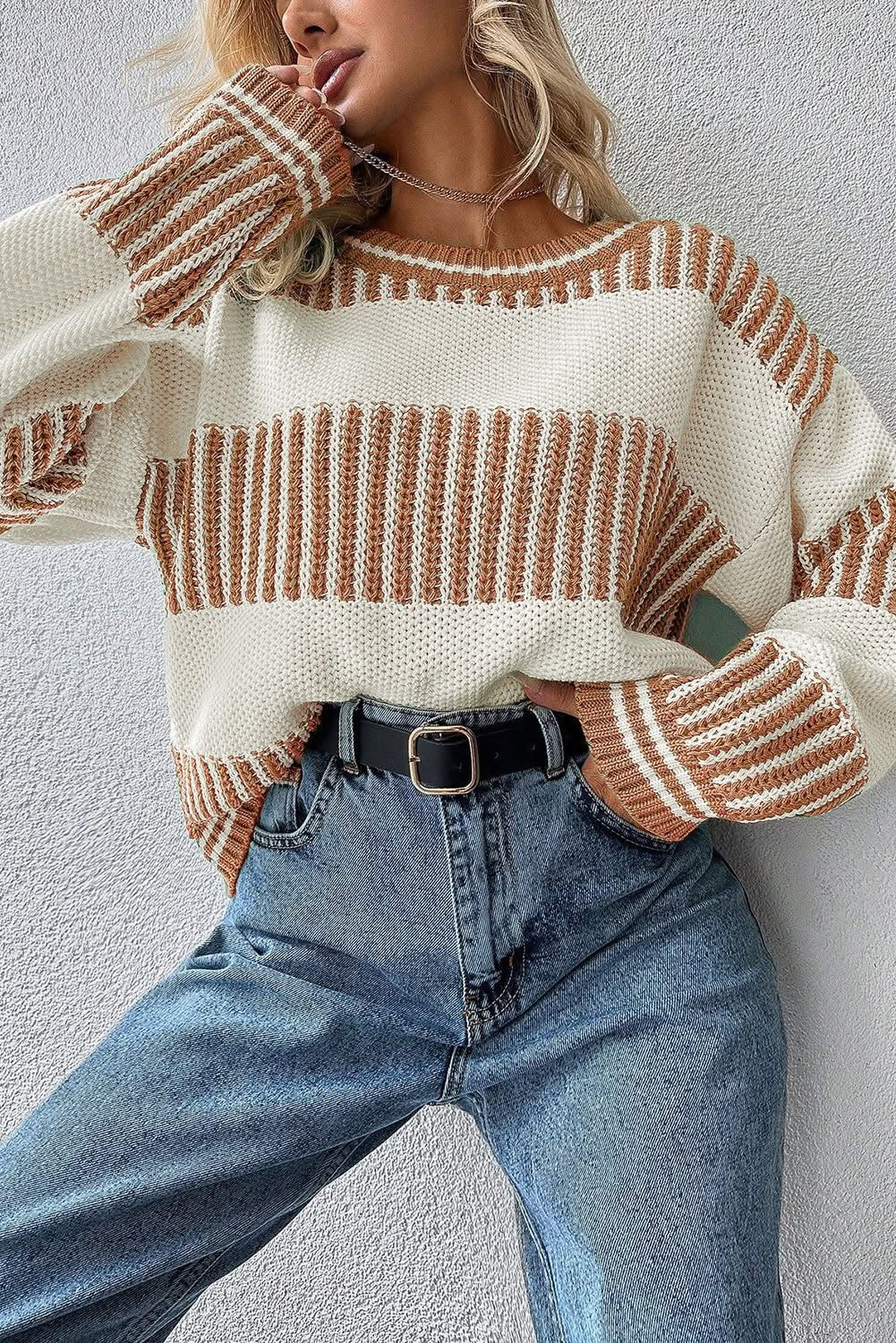Khaki Two-Tone Loose Sweater