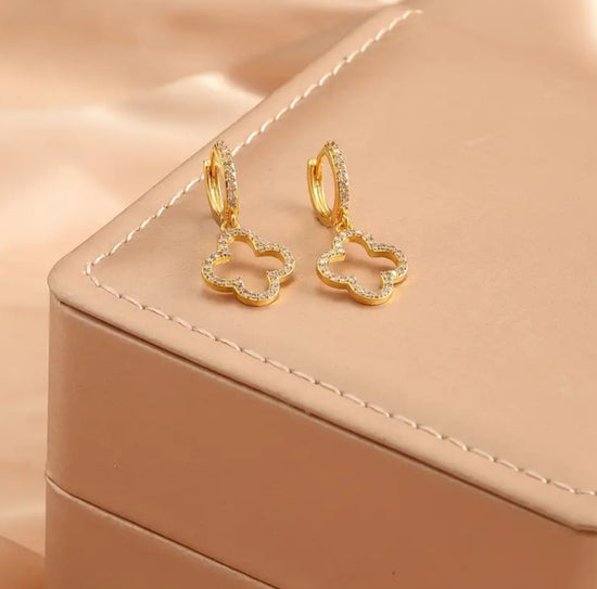 Gold Clover Rhinestone Hoop Earrings