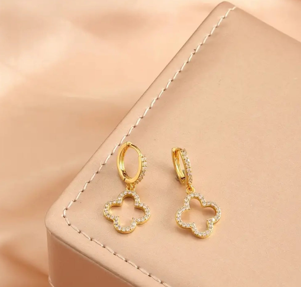 Gold Clover Rhinestone Hoop Earrings