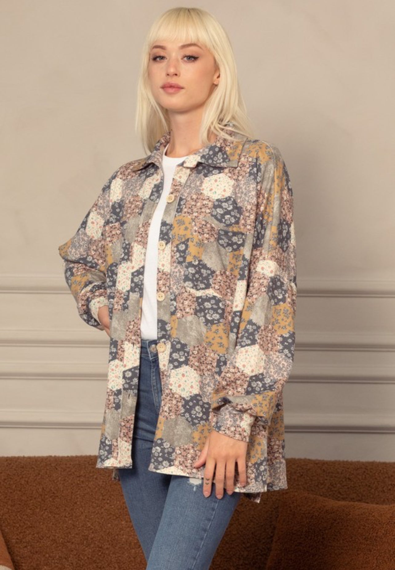 Retro Patchwork Print Shacket