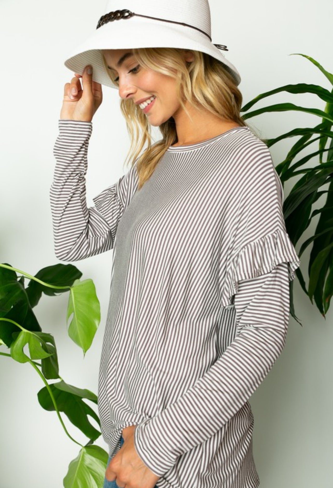 To The Mall Pinstripe Ruffled Top