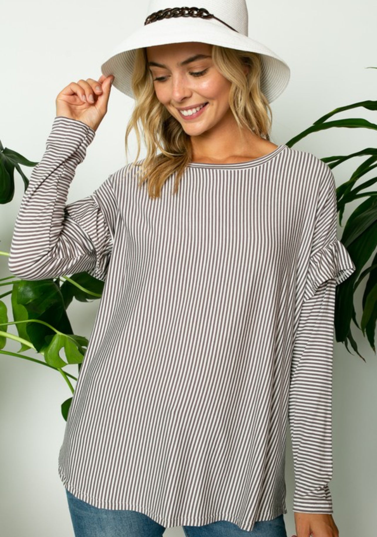 To The Mall Pinstripe Ruffled Top